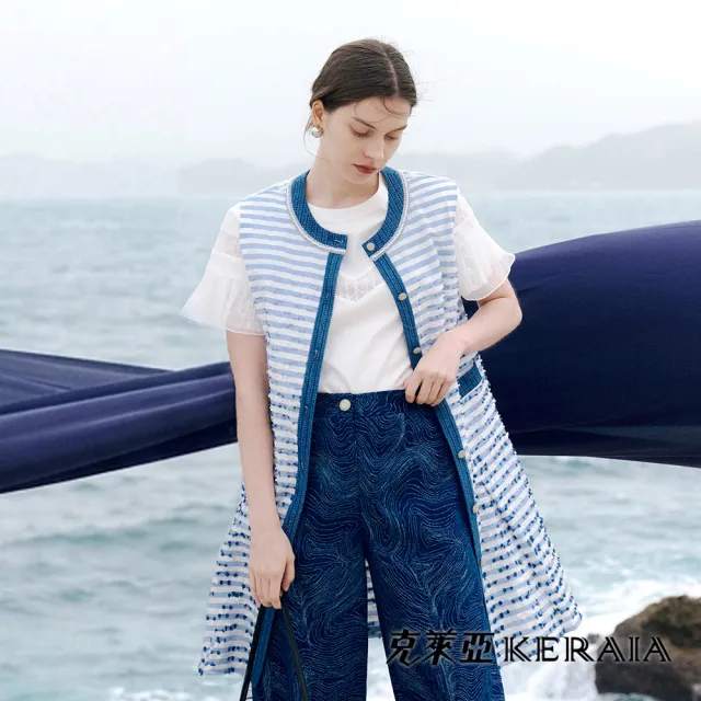 【KERAIA 克萊亞】波紋粼光優雅牛仔鑲邊長背心