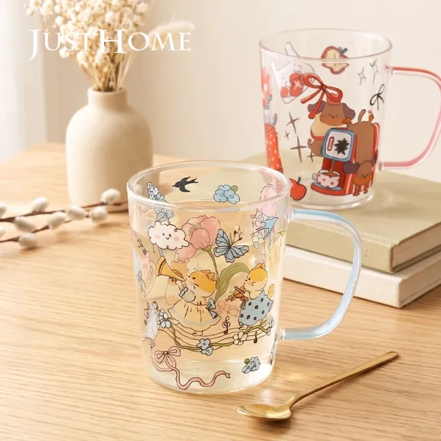 【Just Home】萌系動物透明玻璃杯2件組400ml/470ml(杯 玻璃杯 耐熱玻璃)