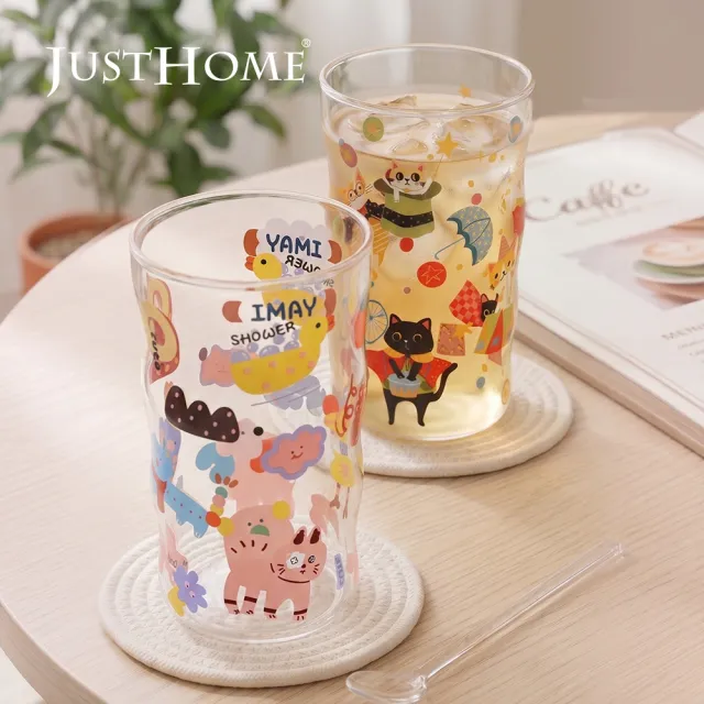 【Just Home】萌系動物透明玻璃杯2件組400ml/470ml(杯 玻璃杯 耐熱玻璃)