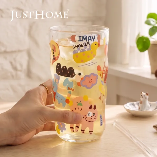 【Just Home】萌系動物透明玻璃雲朵杯470ml單入-2款可選(杯 玻璃杯 耐熱玻璃)