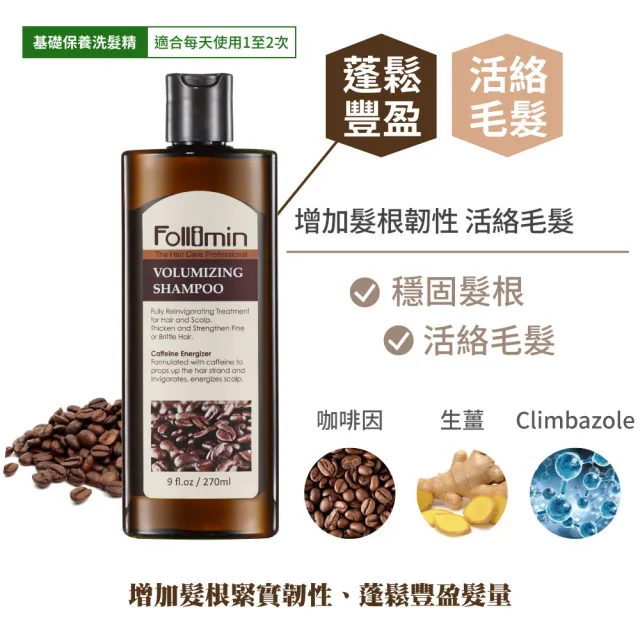 【Follimin 髮利明】藍銅溫和滋養洗髮精二入+咖啡因豐盈洗髮精一入 270mlx3(潤髮強健、豐盈頭髮)