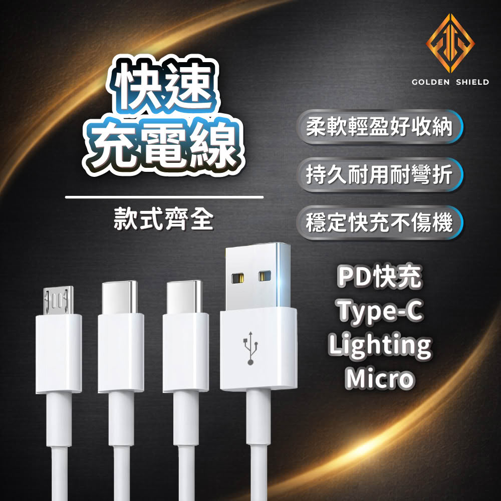 【GOLDEN SHIELD】快速充電線-USB to Type C-2米(手機充電傳輸線 快充 充電線 快充線 Type C to IPhone)