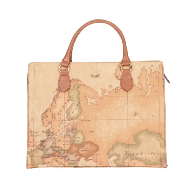 【Alviero Martini】義大利地圖包 四方手提側揹公事包 33cm(地圖黃)  下單即送品牌鑰匙圈