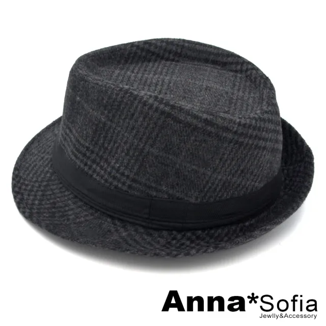【AnnaSofia】紳士帽爵士帽禮帽-絨面經典格紋 現貨(墨灰系)