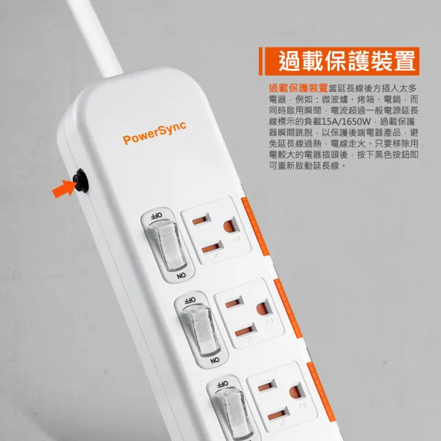 【PowerSync 群加】4開4插滑蓋防塵防雷擊延長線/斜角插頭/2.7m