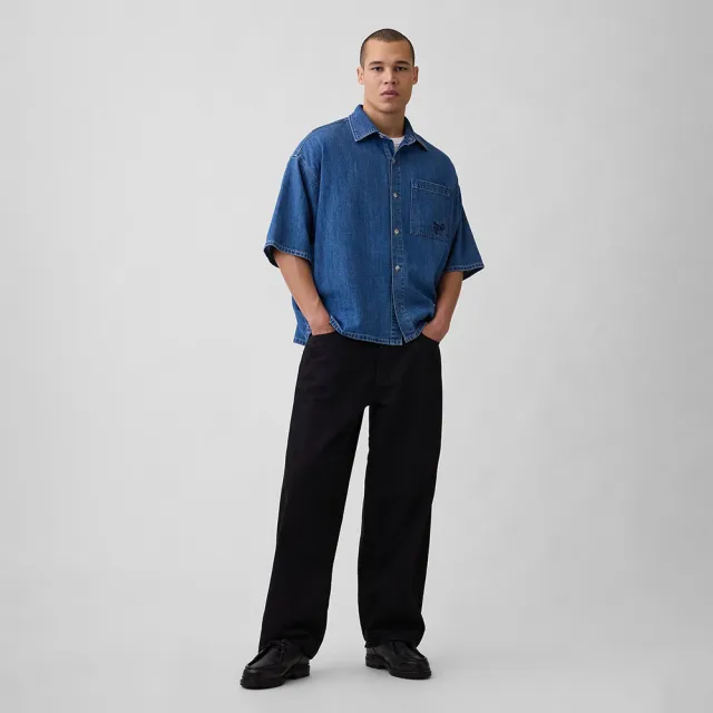 【GAP】男裝 牛仔寬版直下擺短袖襯衫-多色任選(893804)