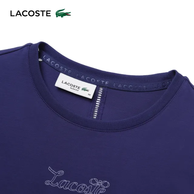 【LACOSTE】女款-以背影寫詩鏤空織帶修身短袖T(紫色)