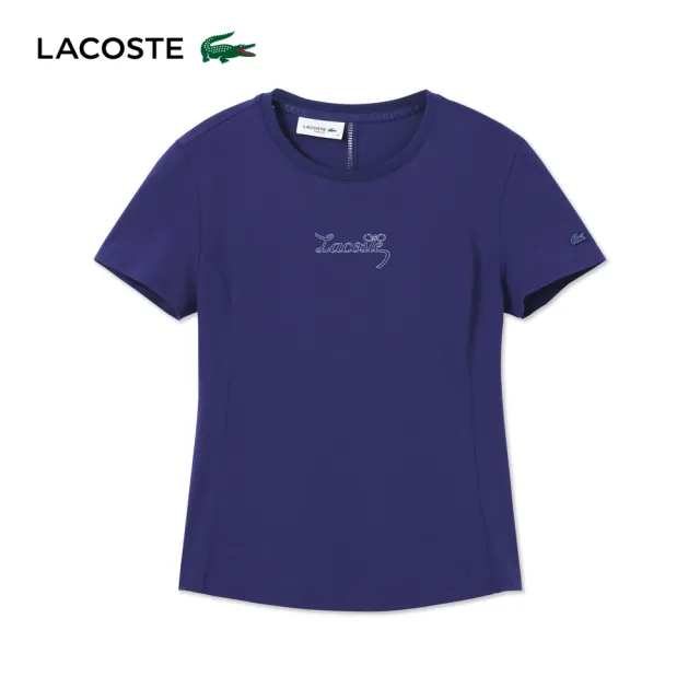 【LACOSTE】女款-以背影寫詩鏤空織帶修身短袖T(紫色)