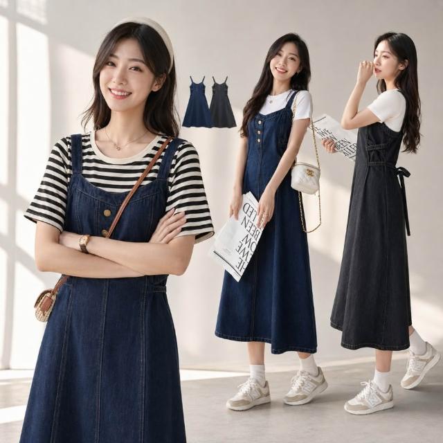 【Amore】清新氣質綁帶顯瘦牛仔吊帶裙 洋裝 牛仔洋裝(優雅修身收腰設計)