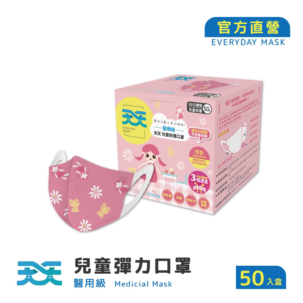 【天天】兒童3D立體彈力醫療口罩 娃娃熊款(50入/盒)