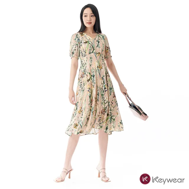 【KeyWear 奇威名品】氣質花卉V領短袖洋裝