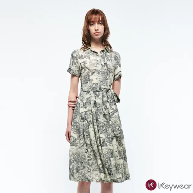 【KeyWear 奇威名品】氣質翻領印花短袖洋裝
