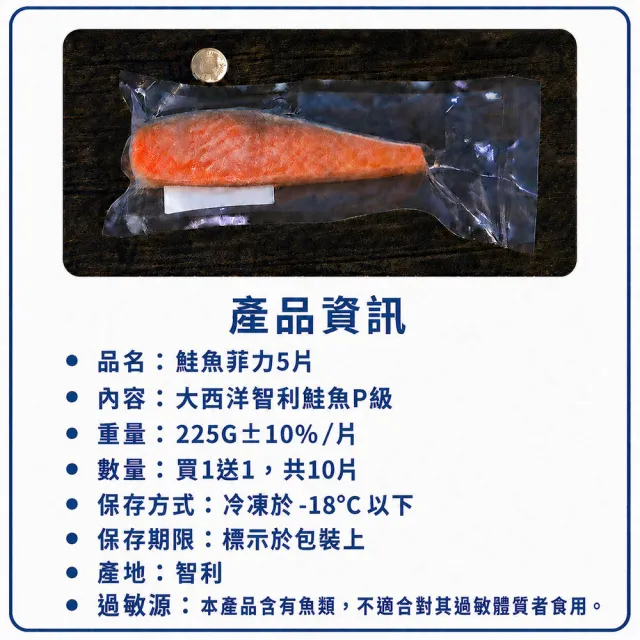 【優鮮配】買1送1-厚切鮭魚菲力(清肉排)  225gX5片組｜(共10片) /50元硬幣厚/單片真空 /P級大西洋智利鮭