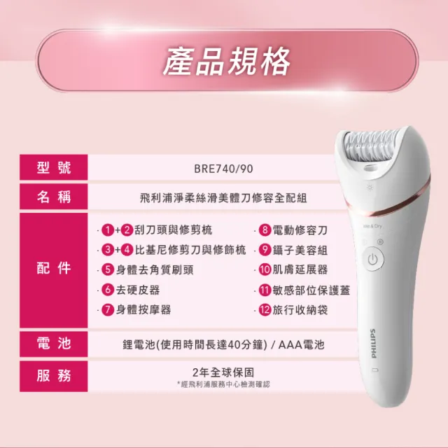 【Philips 飛利浦】BRE740/90 頂級淨柔美體刀全配組 (乾濕兩用/去角質/除毛/官方直營)