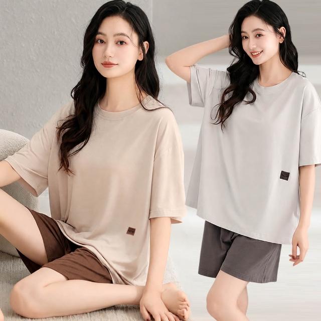 【Kosmiya】1套 固定胸墊 莫代爾 經典落肩短袖睡衣/女睡衣/居家服/涼感睡衣/睡衣套裝(3色/均碼/加大碼)