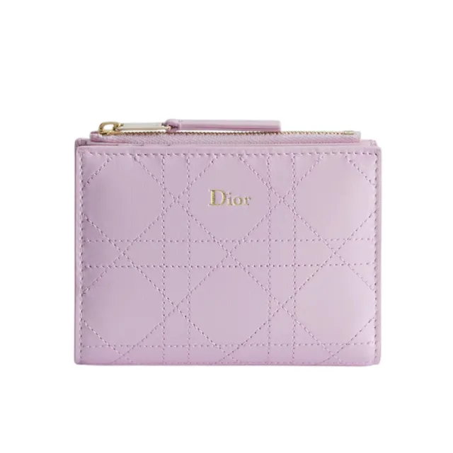 【Dior 迪奧】Trianon Dahlia 對折 籐格紋 羊皮 拉鍊 皮夾 卡夾 短夾 夢幻粉色 S4603OSQM_20N
