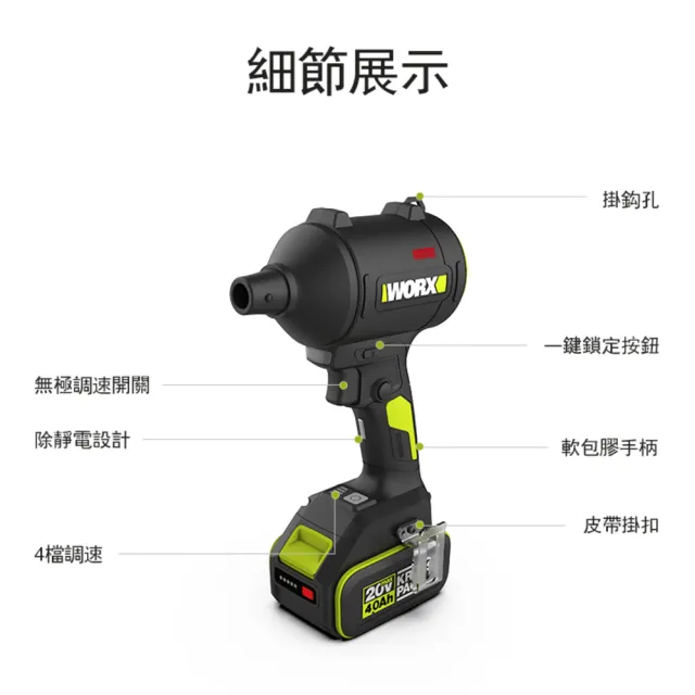 【WORX 威克士】20V 鋰電無刷空氣除塵槍 WU093.9(鼓風機 吹塵槍 吹葉機 無刷 鋰電 吹風 無刷渦輪吹塵槍)