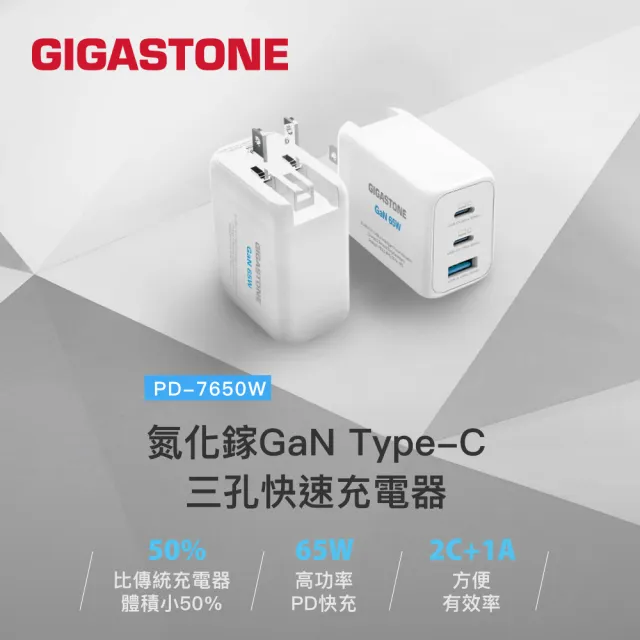 【Gigastone 立達國際】GaN 65W氮化鎵Type-C三孔急速快充充電器 + C to Lightning 充電線(支援iPhone)
