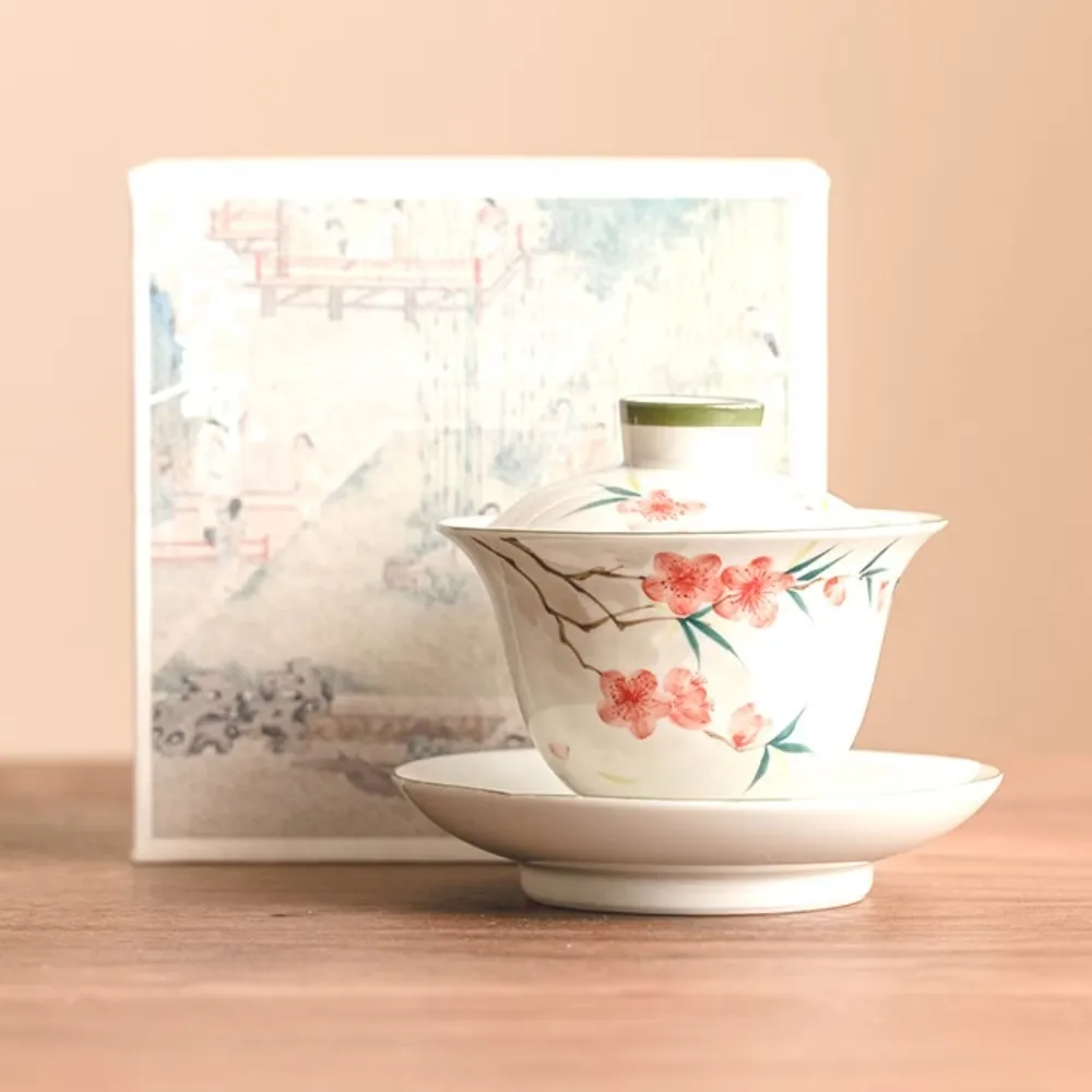 陶瓷手繪桃花帶蓋茶杯-附杯盤(禮盒裝喝茶茶盞泡茶杯茶具組品茗杯宮廷