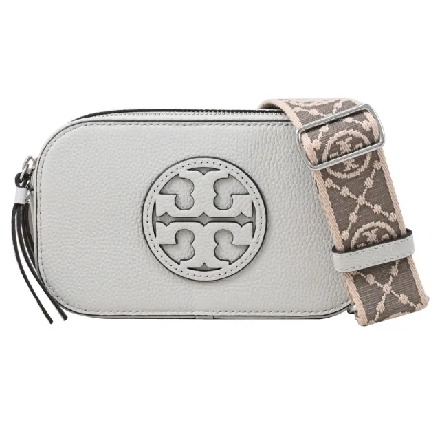 【TORY BURCH】經典雙T LOGO皮革寬背帶雙層相機包斜背包(淺灰)