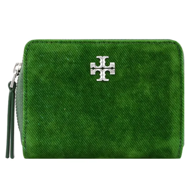 【TORY BURCH】品牌雙T LOGO絨面信用卡證件零錢包/簡易短夾(綠)
