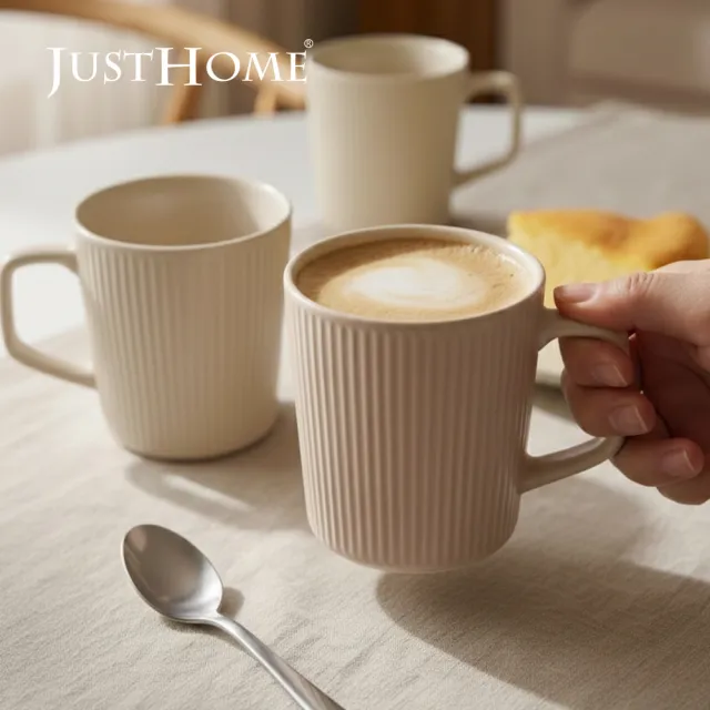 【Just Home】優雅線條陶瓷馬克杯500mL-4件組(可微波 馬克杯 水杯 咖啡杯)