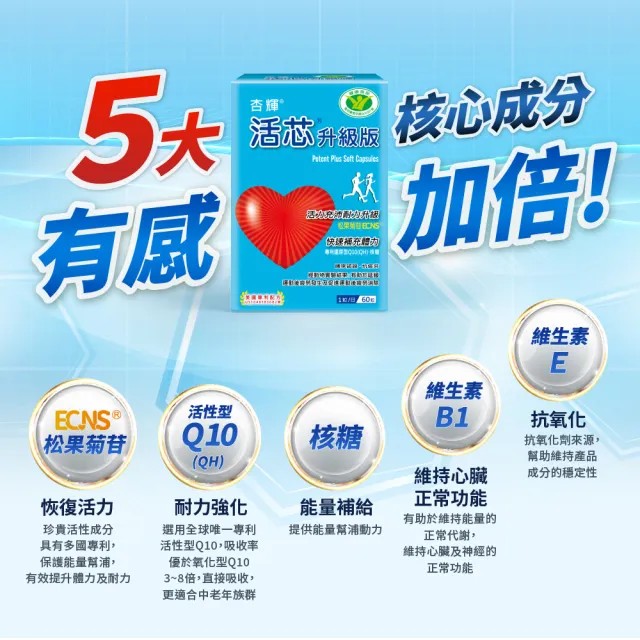 【SINPHAR 杏輝】活芯升級版軟膠囊 國家健康食品 5入(共300粒 Q10 專利成分ECNS 提升2倍耐力降低6成5疲累感
