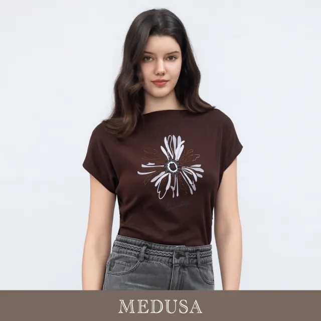 【MEDUSA 曼度莎】現貨-深棕抽象水鑽花卉印花T恤（M-XL）｜短袖T恤 印花上衣 氣質穿搭