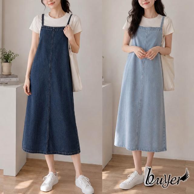 【buyer 白鵝】雙肩帶開衩牛仔洋裝 淺藍/深藍