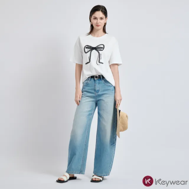 【KeyWear 奇威名品】彎刀褲 顯瘦刷白高腰牛仔寬褲
