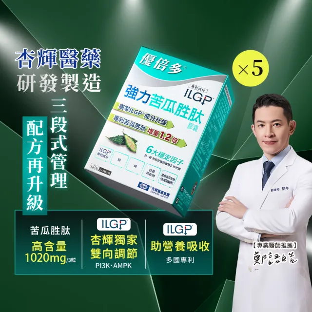 【YouBest 優倍多】強力苦瓜胜肽膠囊 5入(共300粒- 苦瓜含量三粒1020mg ILGP專利 雙向調節 77限時爆殺 )
