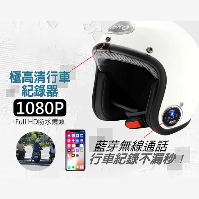 【VEKO】限時體驗價-單行車紀錄功能 台灣製 隱裝式FHD極廣角復古安全帽(含鏡片、電池、充電器、記憶卡)