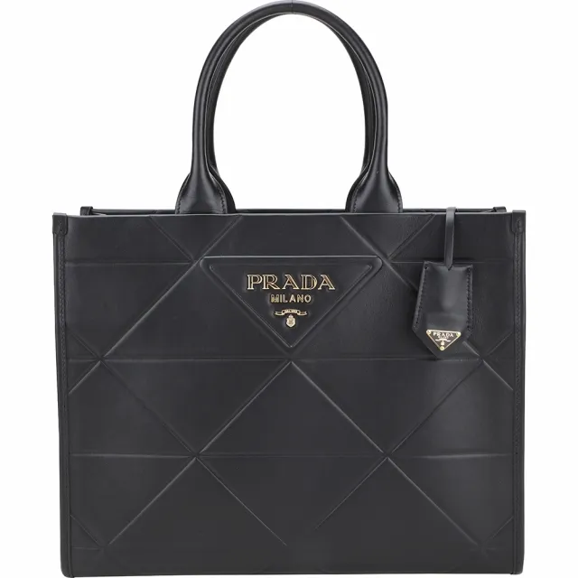 【PRADA 普拉達】Symbole 中款 三角壓花牛皮手提 肩背托特包-黑色