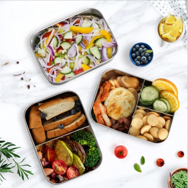 【KOTI 日安生活】霧面304不鏽鋼密封防漏分隔便當盒1200ml(移動隔片兩格三格卡扣式飯盒餐盒)