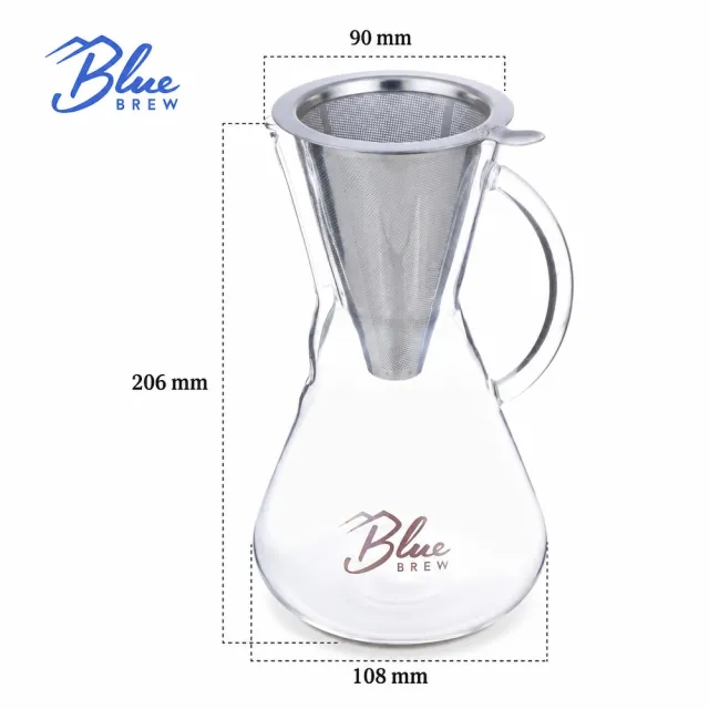 【美國 Blue Brew】手沖咖啡壺2件組 含不鏽鋼雙層濾杯及咖啡壺 600ml(手沖咖啡 濾杯 玻璃水壺 質感生活)