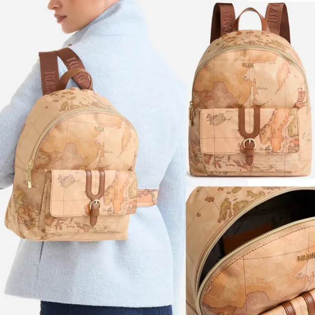 【Alviero Martini】義大利地圖包 超輕量尼龍 前口袋拉鍊後背包31cm-地圖黃x咖啡色(防潑水 收納