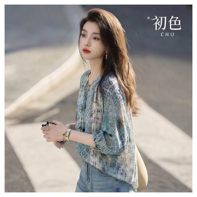【初色】法式慵懶風碎花V領繫帶設計寬鬆舒適長袖襯衫上衣女上衣-藍色-51015(M-2XL可選)