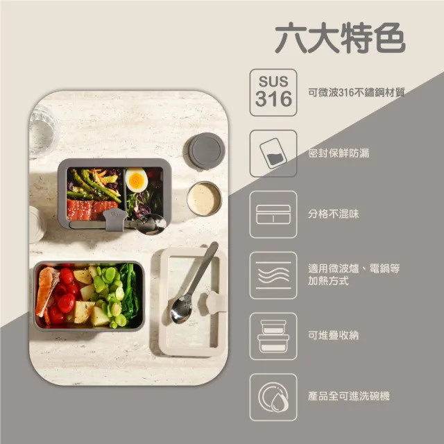 【MASIONS 美心】PRIMORA 可微波 皇家316不鏽鋼分格密封防漏便當盒(1000ml 附隔板/醬料調味罐/湯匙)