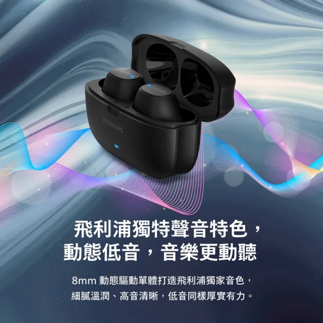 【Philips 飛利浦】動態低音長續航通話降噪藍牙5.4耳機(黑)-TAT2500BK