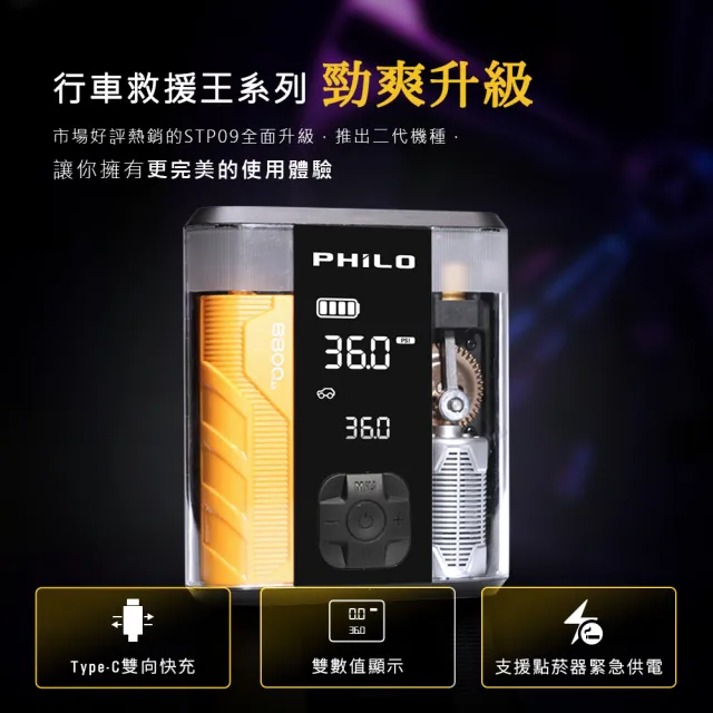 【Philo 飛樂】STP09二代 救車打氣多功能機 PD快充/無線充氣寶/啟動電源/救車線/車用打氣機