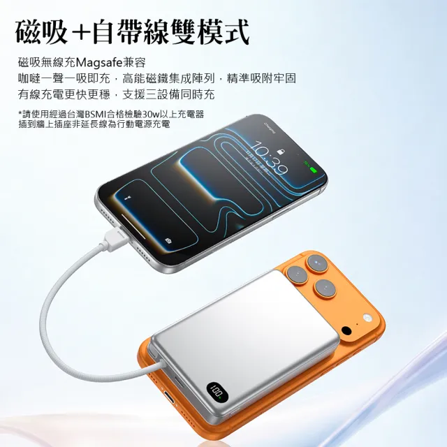 【AIDOGA】10000mAh 可上飛機 智能斷電磁吸無線充電行動電源 PD雙向快充線 Wh/中國CCC/QRCode/台灣BSMI認證