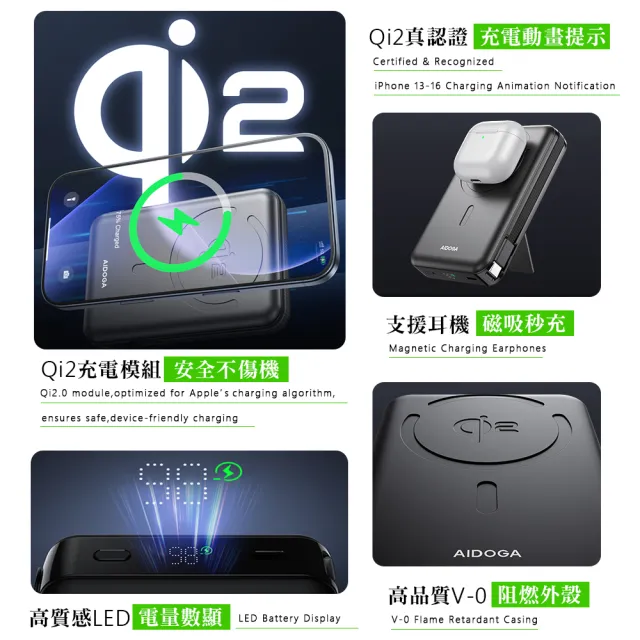 【AIDOGA】Qi2 10000mAh 磁吸無線充電行動電源支架PD雙向快充 Magsafe Wh/台灣BSMI/中國CCC+QRCode