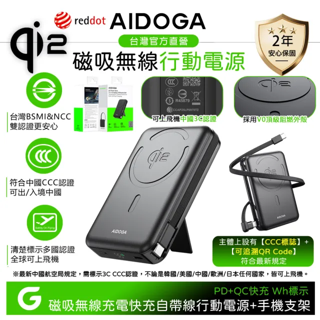 【AIDOGA】Qi2 10000mAh 磁吸無線充電行動電源支架PD雙向快充 Magsafe Wh/台灣BSMI/中國CCC+QRCode