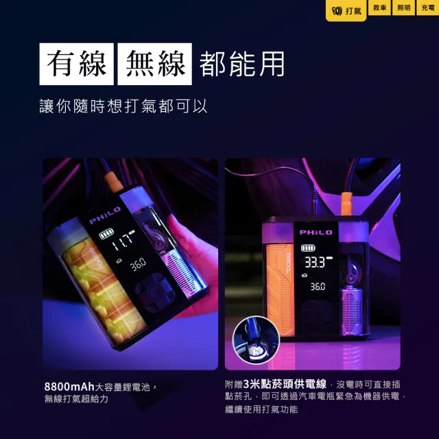 【Philo 飛樂】2入組 STP09 2代 透明救車打氣多功能機8800mAh(救車/無線/輪胎/打氣機/照明 / 充電)