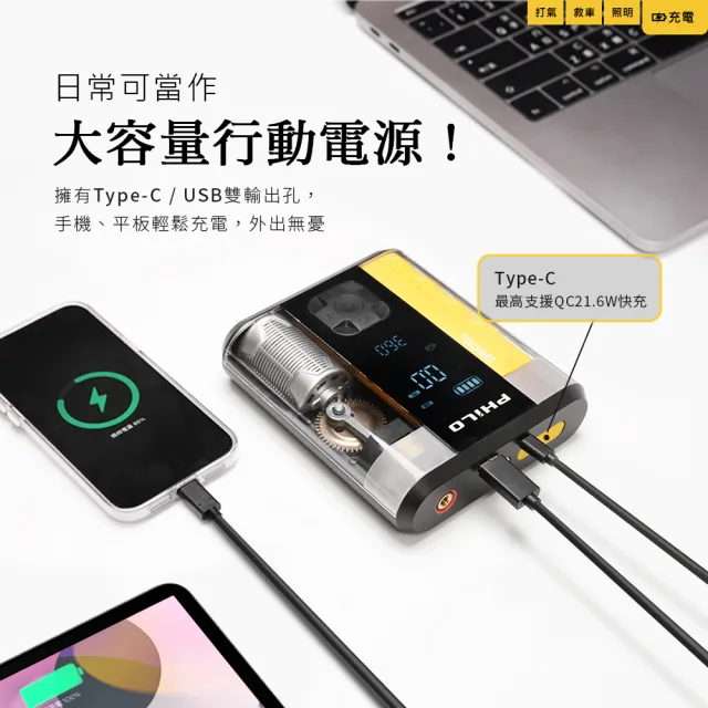 【Philo 飛樂】2入組 STP09 2代 透明救車打氣多功能機8800mAh(救車/無線/輪胎/打氣機/照明 / 充電)