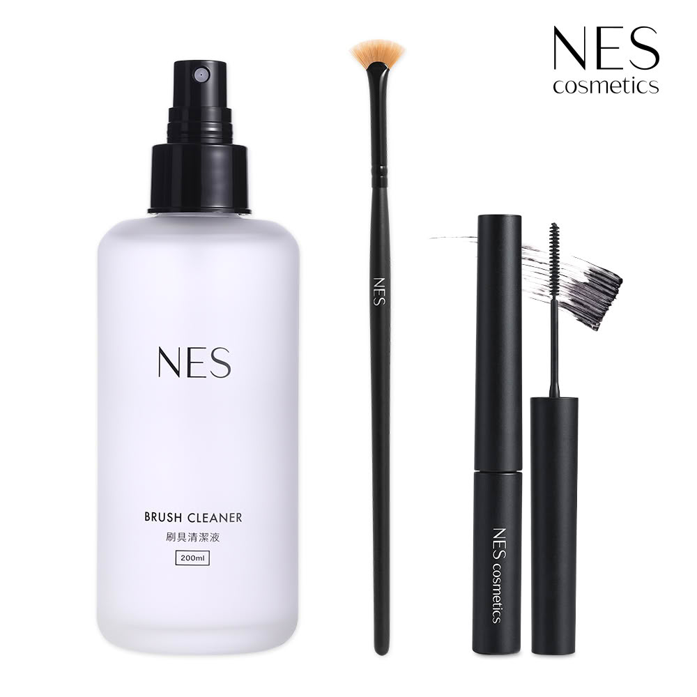 【恩藝偲 NES cosmetics】睫毛膏刷+200ml刷具清潔液+不暈不塌極細防水睫毛膏(睫毛膏+單刷套組)