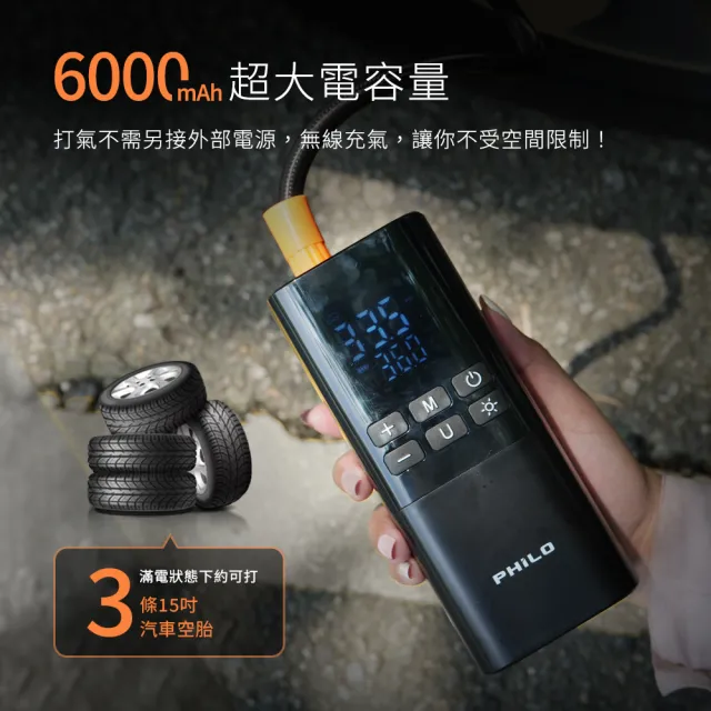 【Philo 飛樂】TP21Pro 6000Mah 雙供電 無線電動打氣機-雙數值顯示 (機車打氣機/打氣/充氣機/輪胎打氣機)