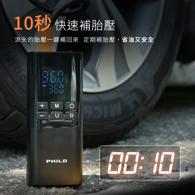 【Philo 飛樂】TP21Pro 6000Mah 雙供電 無線電動打氣機-雙數值顯示 (汽車打氣機/附3米點菸線/車用充氣)