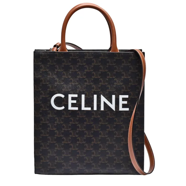 【CELINE】經典TRIOMPHE印花帆布直式手提/斜背包(小-黑/黃褐色)