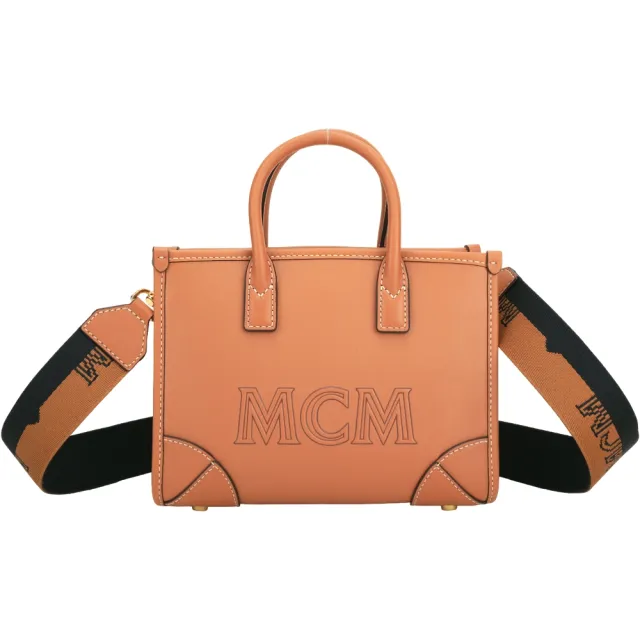 【MCM】Munchen 迷你小牛皮壓印字母肩背托特包-干邑棕